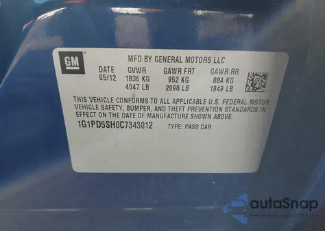 2012 Chevrolet Cruze Ls z USA, uszkodzony, nr VIN 1G1PD5SH0C7343012